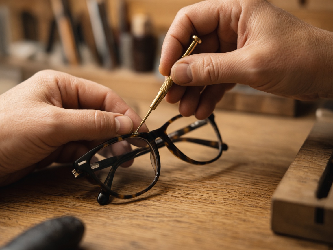Hands adjusting an eyeglass frame at a workbench
