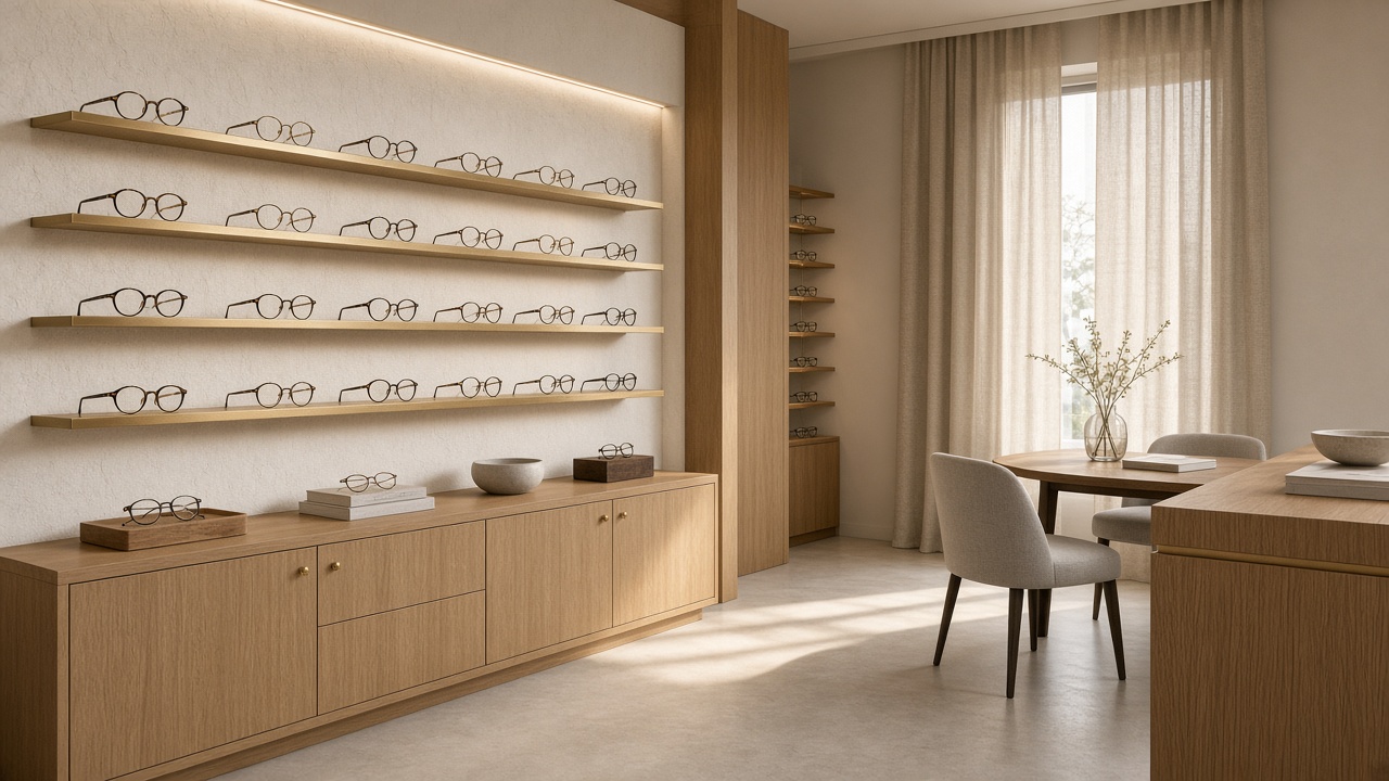 Warm optical boutique interior with brass shelves